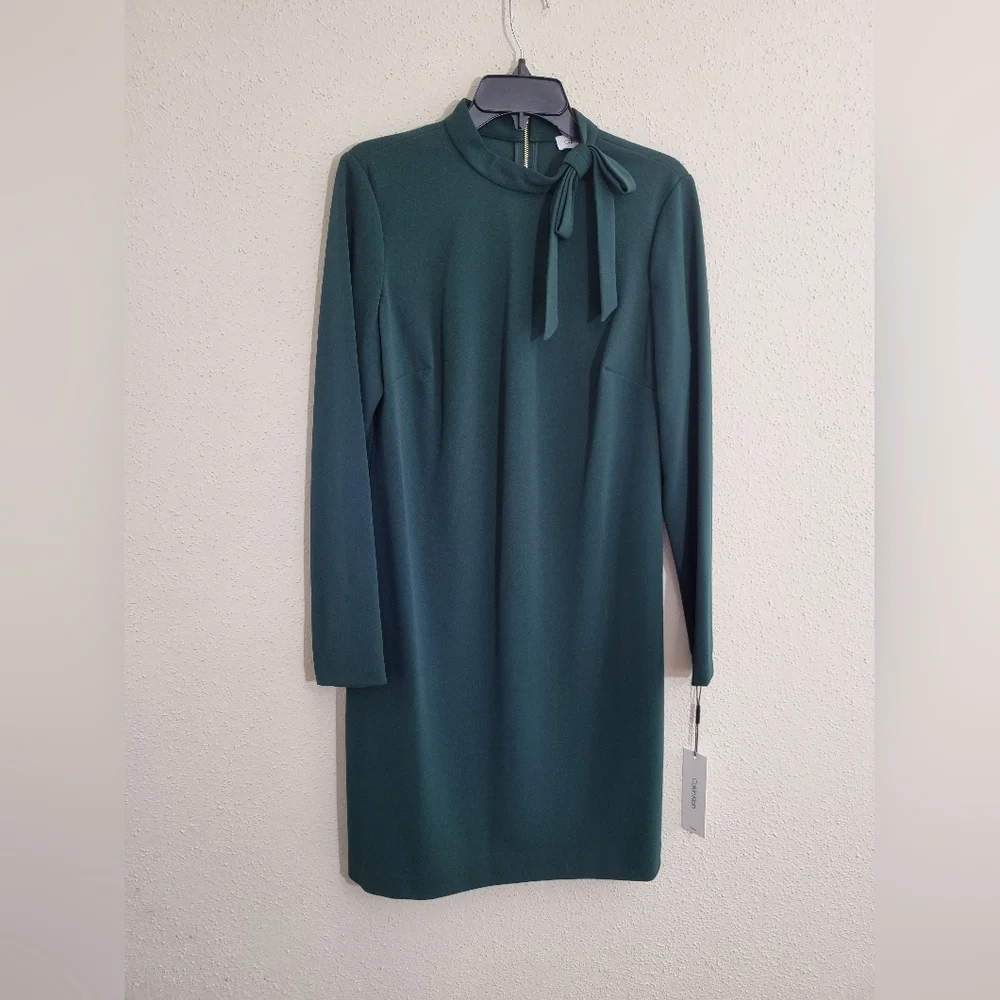 Calvin Klein Dark Green Long Sleeve Dress With Tie Neck Detail NWT Size 12 - Picture 4 of 8